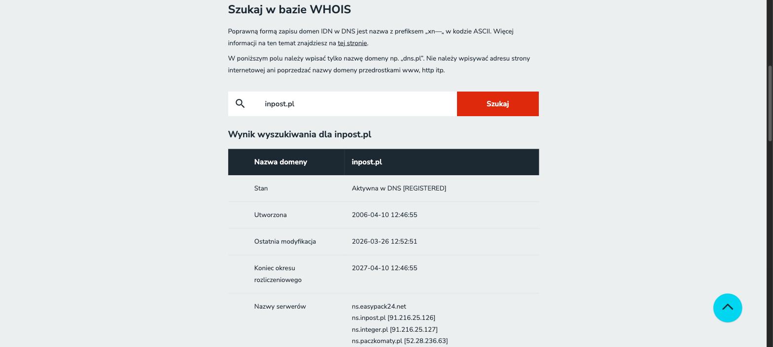 Wynik WHOIS dla domeny inpost.pl w bazie dns.pl - data rejestracji 2006, nazwy serwerów DNS